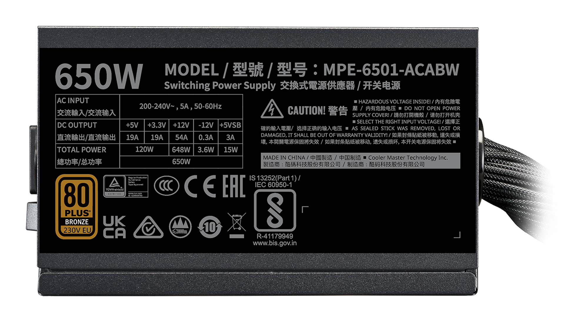 Tył zasilacza komputerowego z etykietami i złączami.