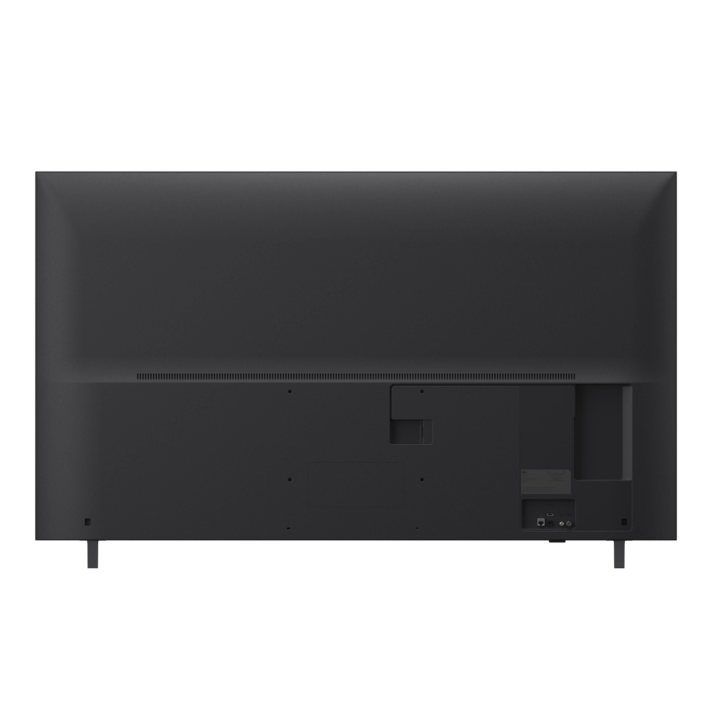 Widok z tyłu czarnego telewizora o minimalistycznym designie, pokazujący porty i podstawę.