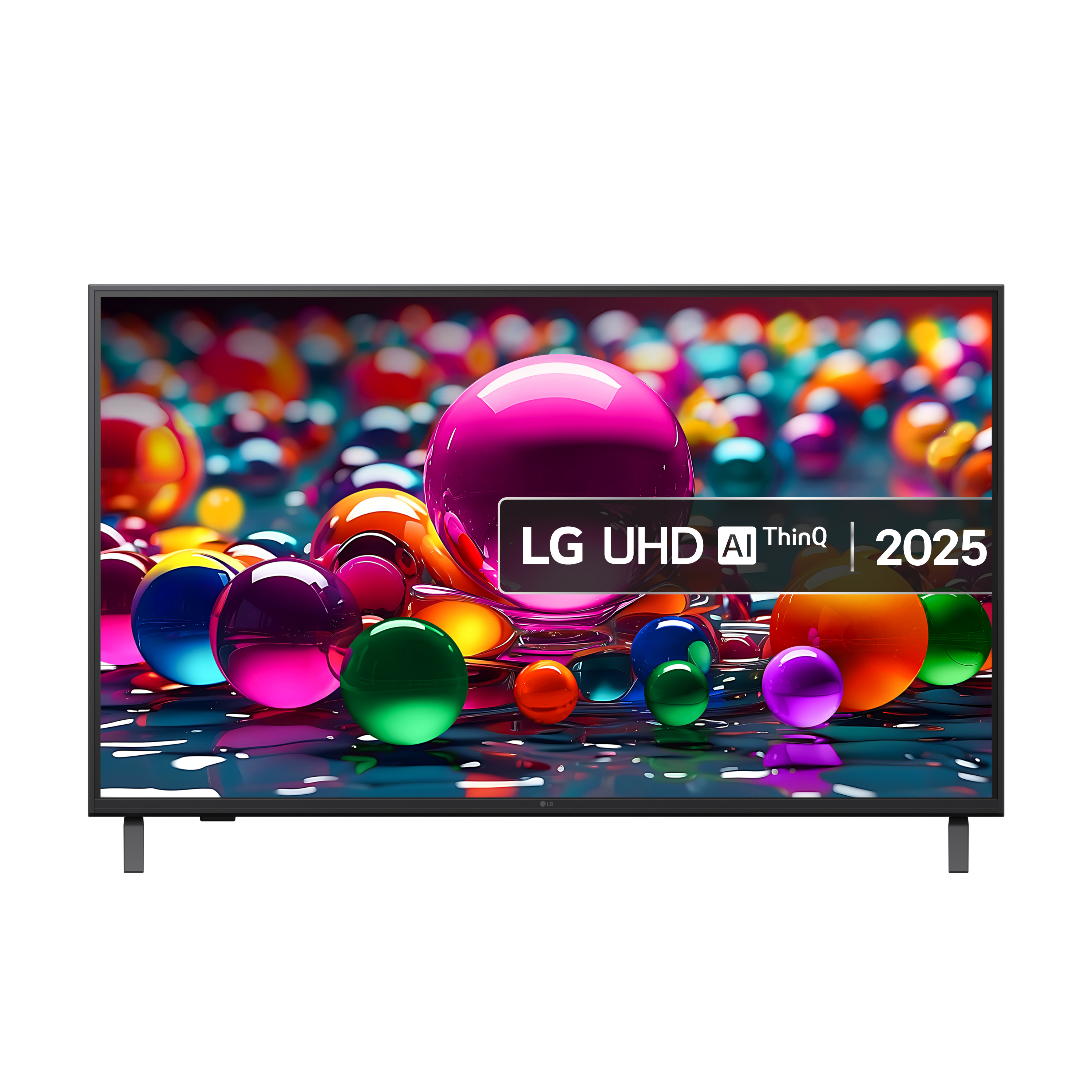 Telewizor LG z kolorowymi sferami na ekranie. Obecny jest tekst LG UHD AI ThinQ | 2025.