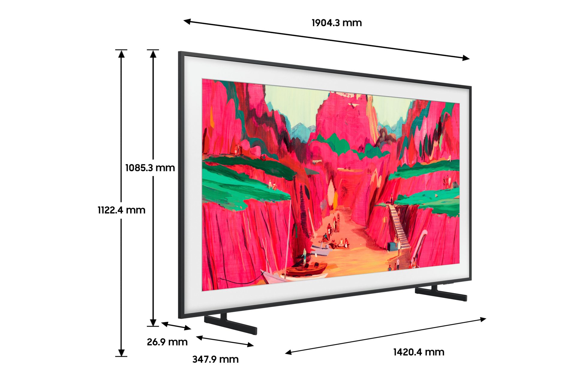 Duży telewizor Samsung, wyświetlający kolorowy obraz krajobrazu, z wymiarami.