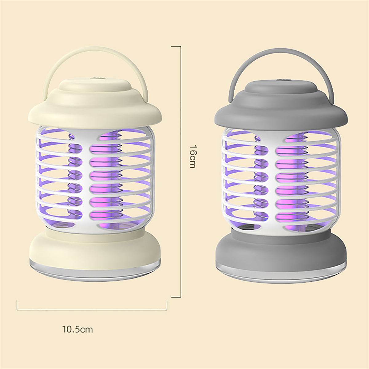 Zwei elektrische Insektenvernichter, beige und grau. Mit Griff und lila Licht.
