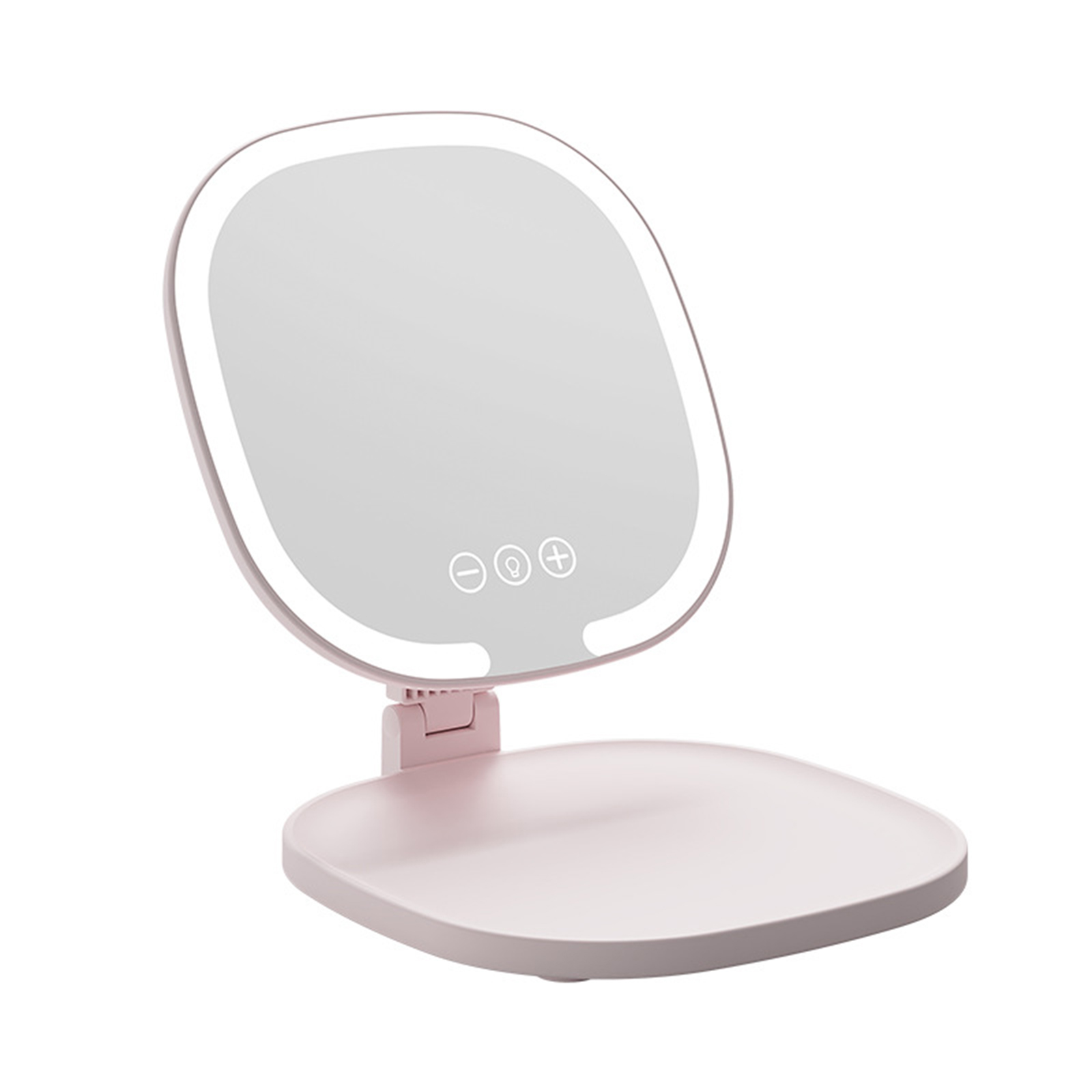 Rosa, quadratischer LED-Make-up-Spiegel, geöffnet und abgewinkelt, mit Bedientasten.