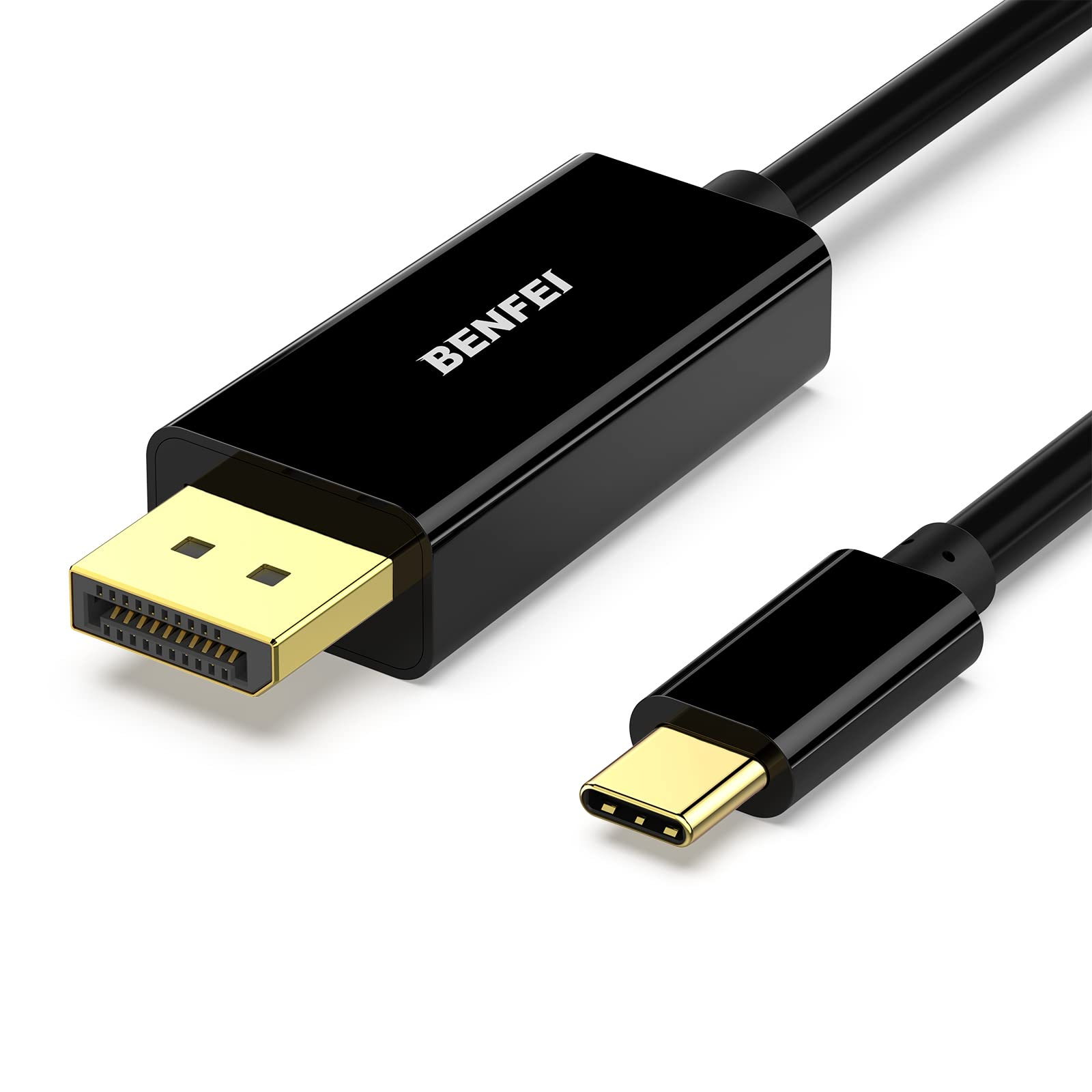 Schwarzes USB-C-zu-DisplayPort-Kabel von BENFEI, mit Goldanschlüssen, auf weißem Hintergrund.