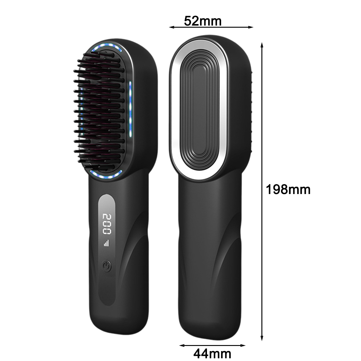 Zwei Ansichten einer schwarzen Haarglättungsbürste. Abmessungen: 198 mm hoch, 52 mm breit und 44 mm dick.