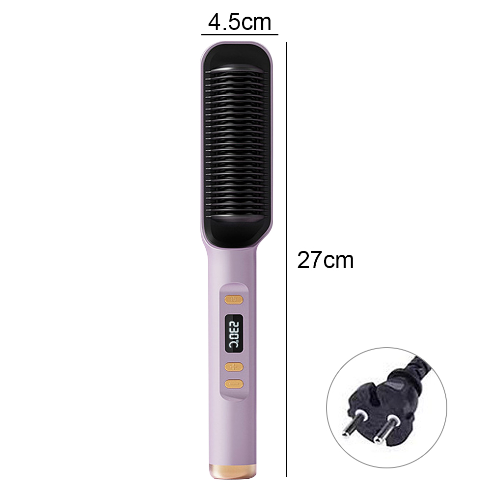 Ein lavendelfarbener Haarglätter mit schwarzen Platten, Digitalanzeige und Netzstecker.