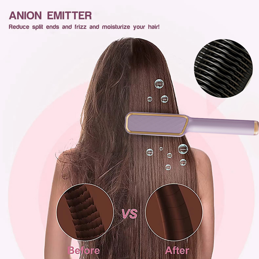 Eine Haarglättungsbürste mit Diagramm, das Vorher- und Nachher-Haare zeigt.