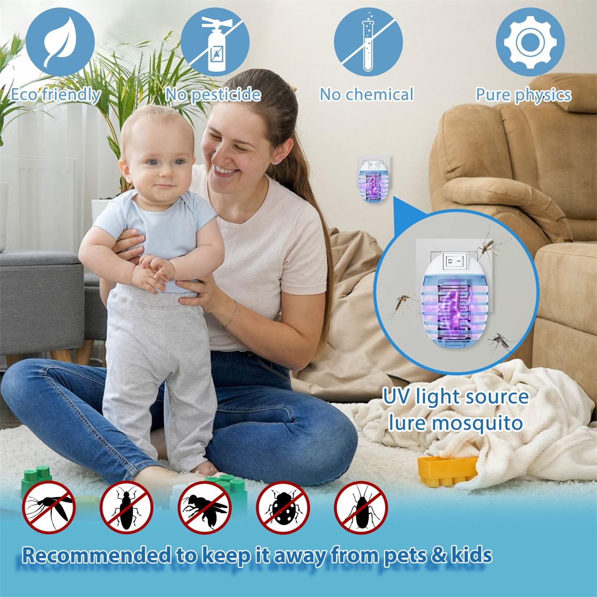 Eine Frau und ein Baby mit einem Moskitokiller und Warnsymbolen.