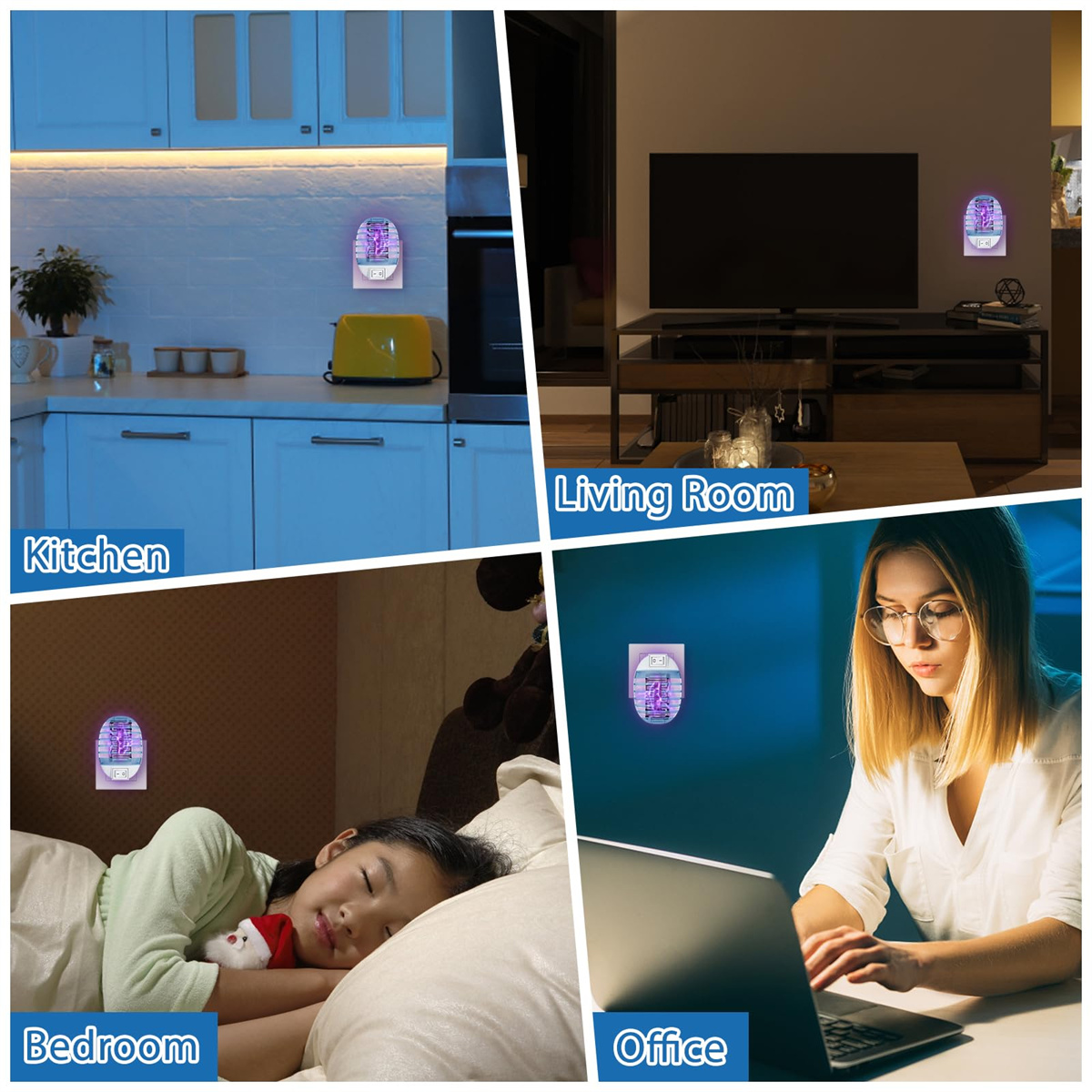 Das Bild zeigt einen Moskitokiller in verschiedenen Räumen: Küche, Wohnzimmer, Schlafzimmer und Büro.