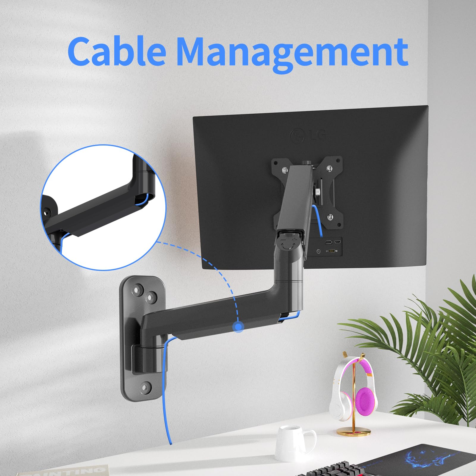 Ein Monitorarm mit Kabelführung. Der Monitor ist schwarz.