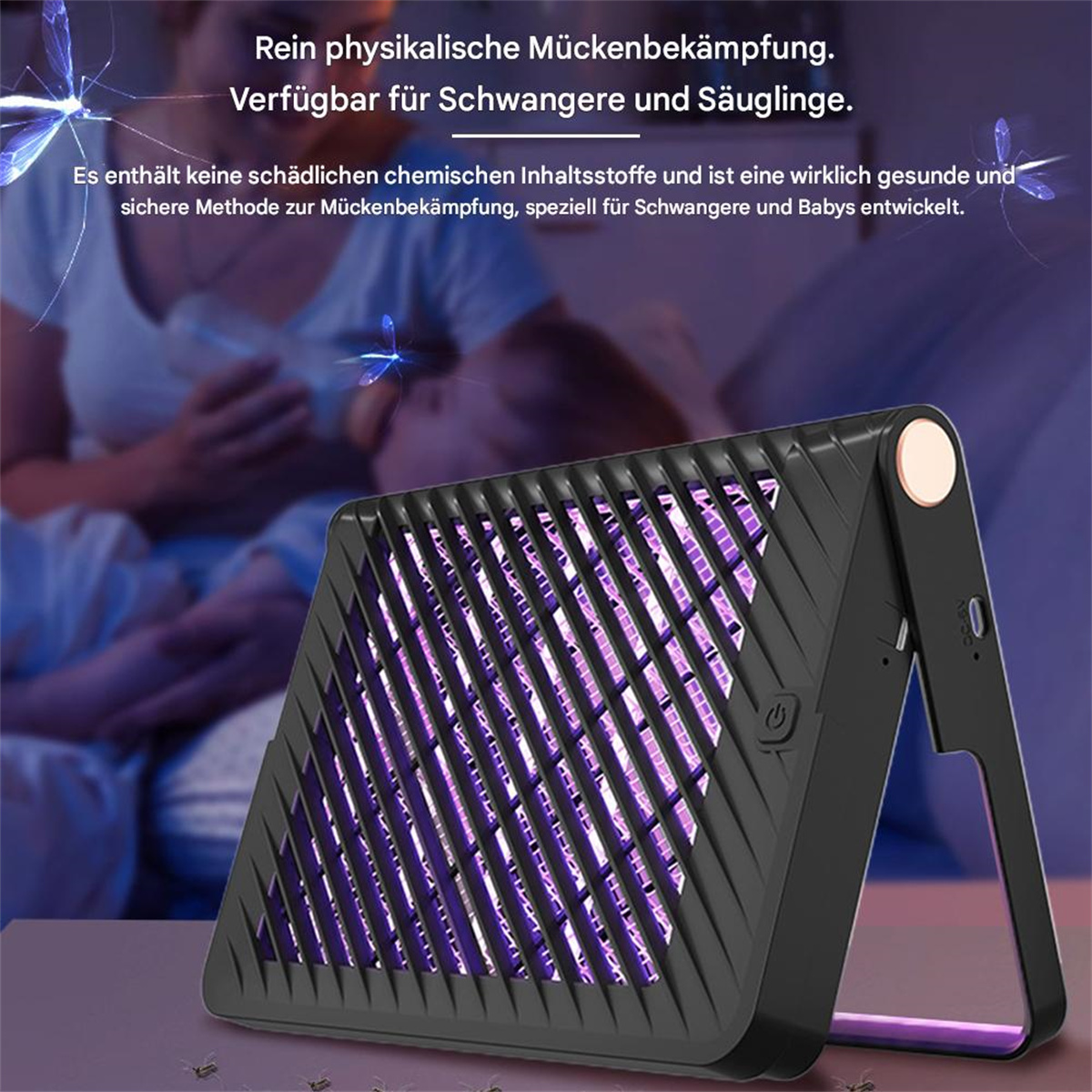 Schwarzer Mückenvernichter mit violettem Lichtgitter, in der Nähe einer Person, die ein Baby hält. Sicher für Schwangere.