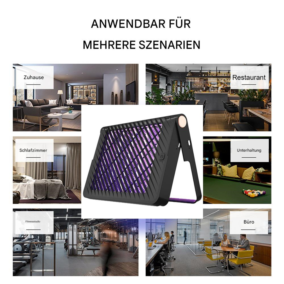 Mehrere Szenen, die zeigen, wo ein Mückenschutzgerät verwendet werden kann, einschließlich Zuhause und Büro.
