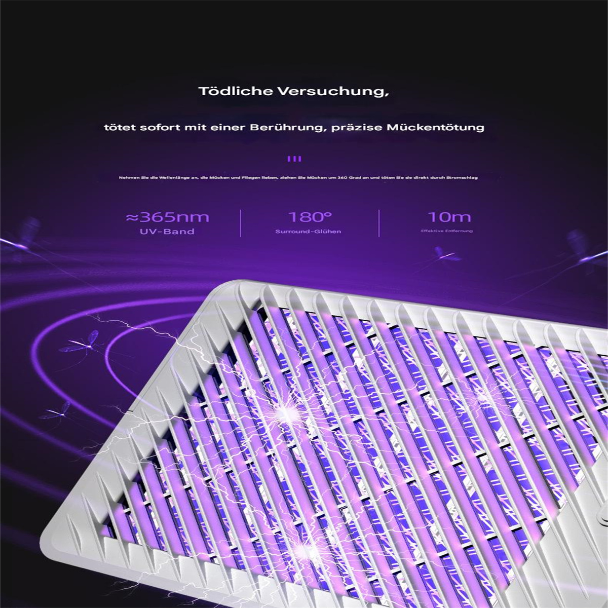 Nahaufnahme eines Mückenvernichters mit lila Licht ausstrahlendem Gitter. Text: UV-Band, Rundum-Glühen, Reichweite.