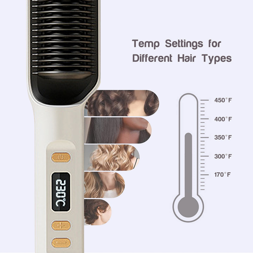 Nahaufnahme der Haarglättungsbürste mit der Temperaturanzeige. Es zeigt 230°C.
