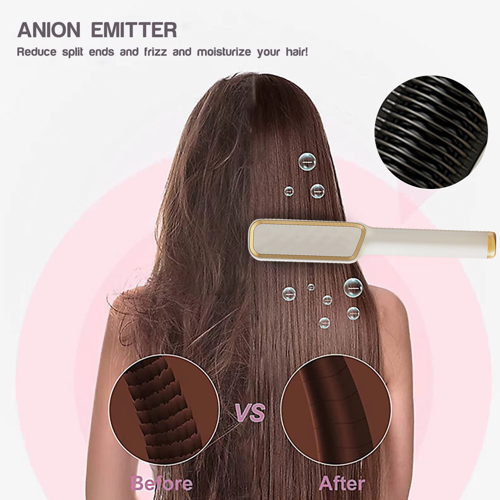 Bild zeigt Haare vor und nach der Anwendung eines Haarprodukts. Auch ein Kamm mit goldenen Details.