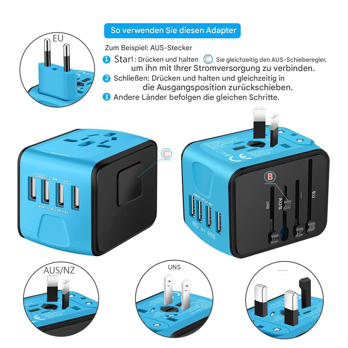 Blauer Reiseadapter mit mehreren Stecker-Konfigurationen, einschließlich EU-, US-, AUS/NZ- und UK-Stecker.