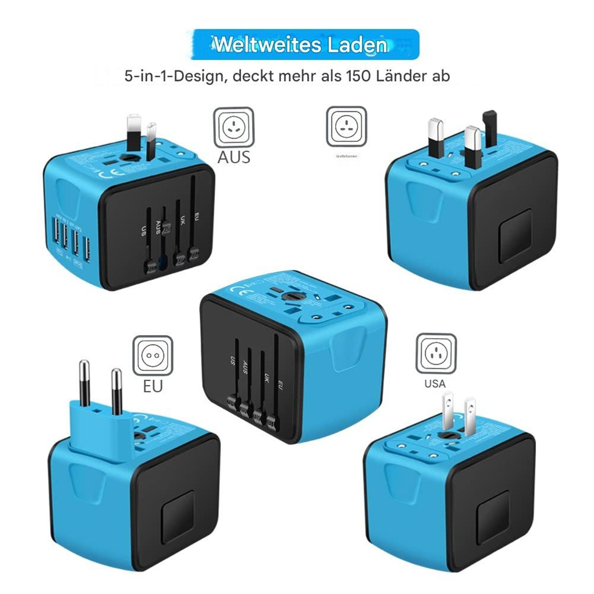 Ein Multi-Stecker-Adapter mit mehreren Steckertypen für verschiedene Länder.