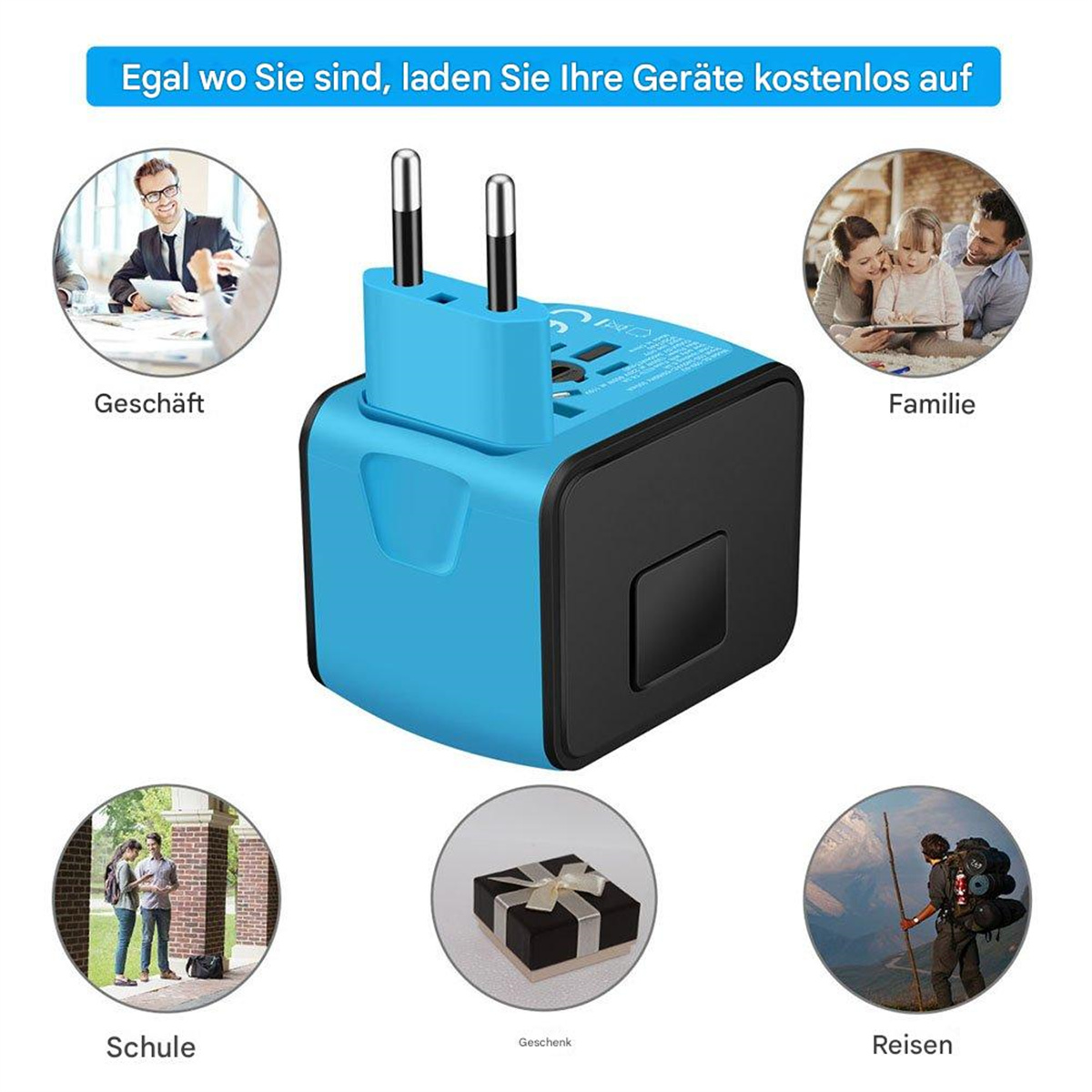 Ein blauer und schwarzer Adapter mit mehreren Steckertypen. Szenen zeigen die Verwendung in verschiedenen Situationen.