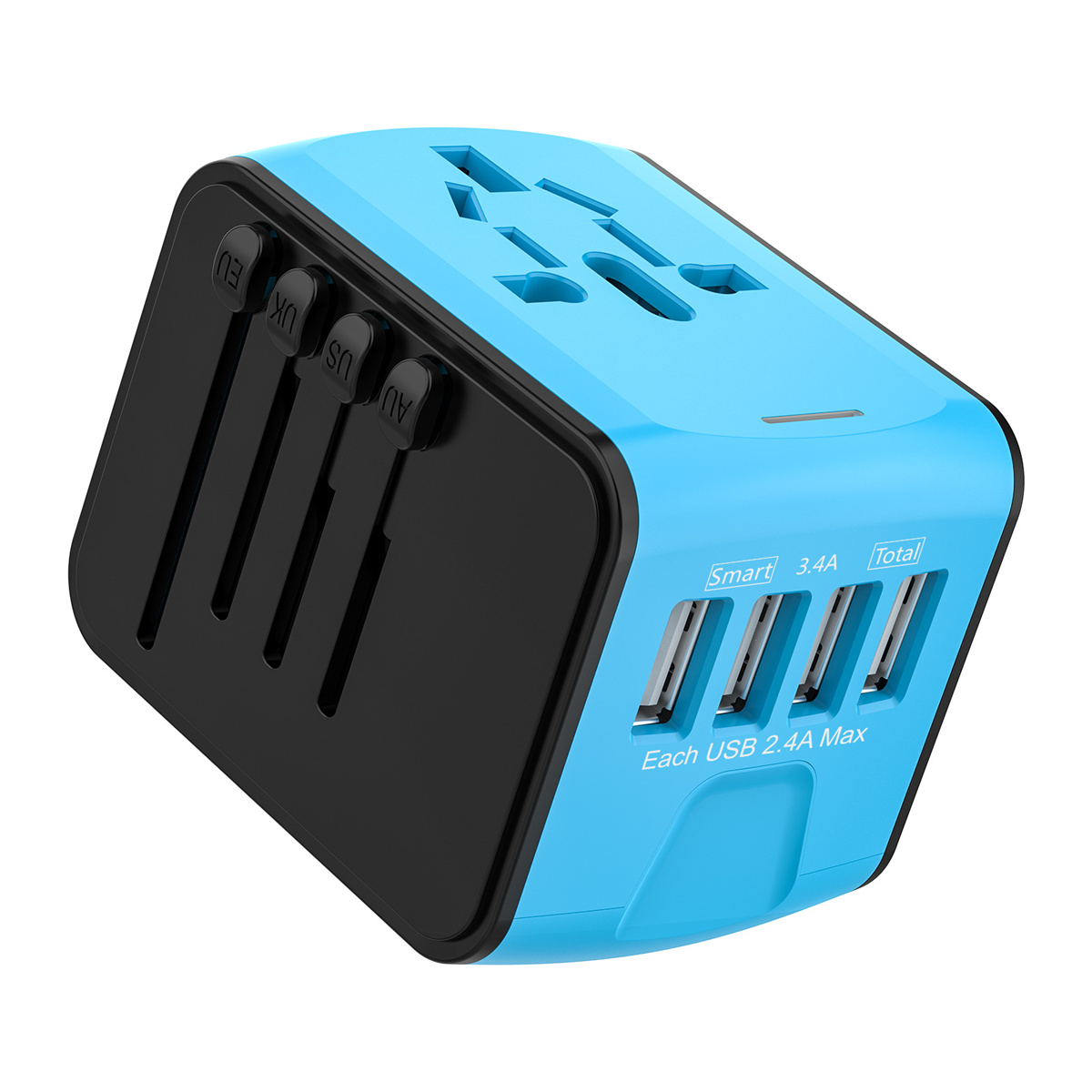 Ein blau-schwarzer Reiseadapter mit mehreren Steckertypen und USB-Anschlüssen.