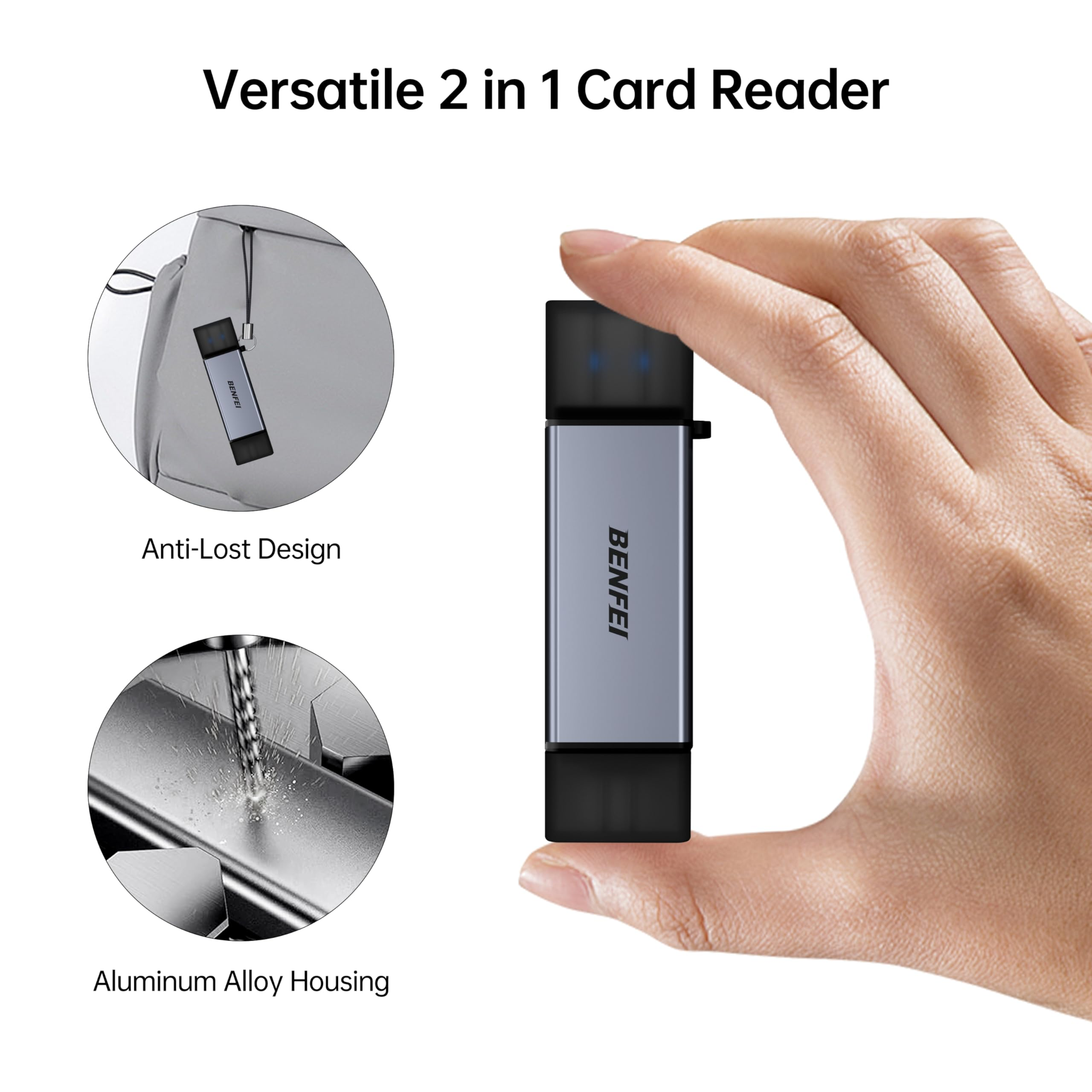 Hand hält silbernen 2-in-1-Kartenleser, mit Diebstahlsicherung und Aluminiumgehäuse.
