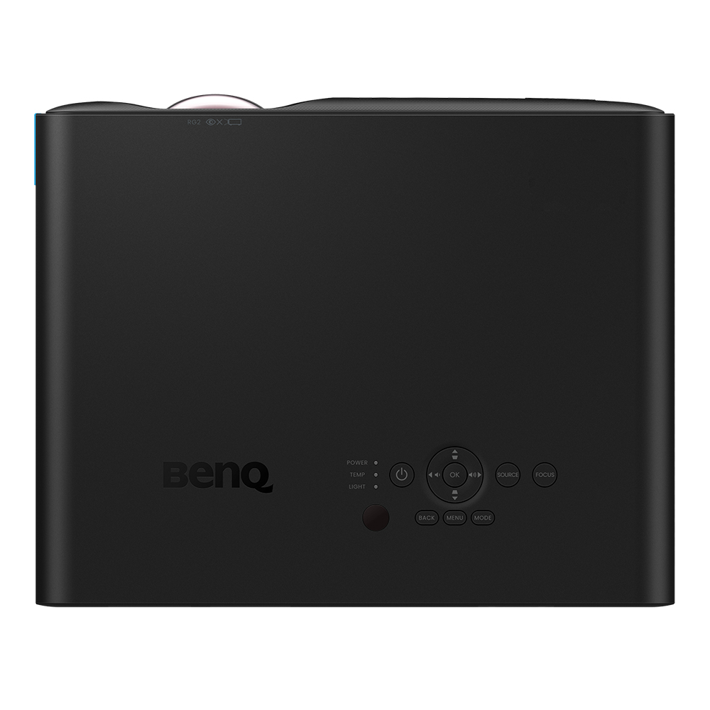 Czarny projektor BenQ z przyciskami na górnym panelu.