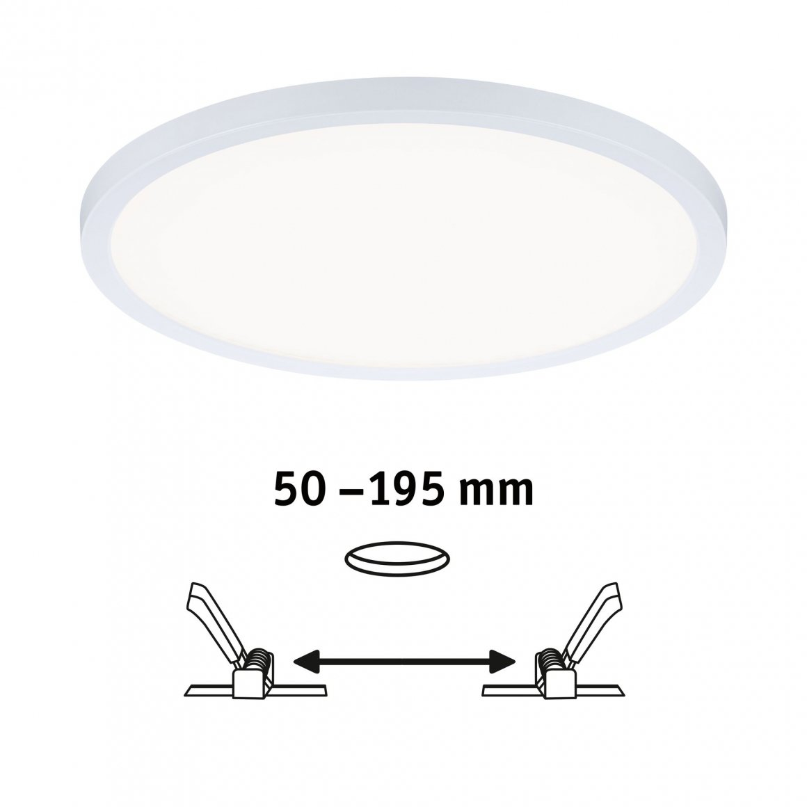 Biała okrągła lampa sufitowa ze schematem montażu. Lampa jest biała.