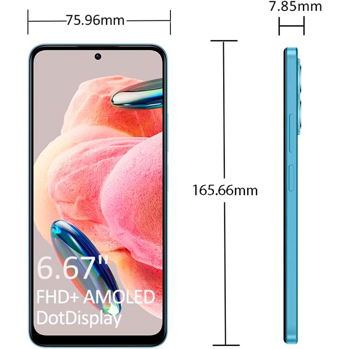 Telefon pokazujący wymiary: 75,96 mm szerokości, 165,66 mm wysokości i 7,85 mm grubości, z kolorowym wyświetlaczem.