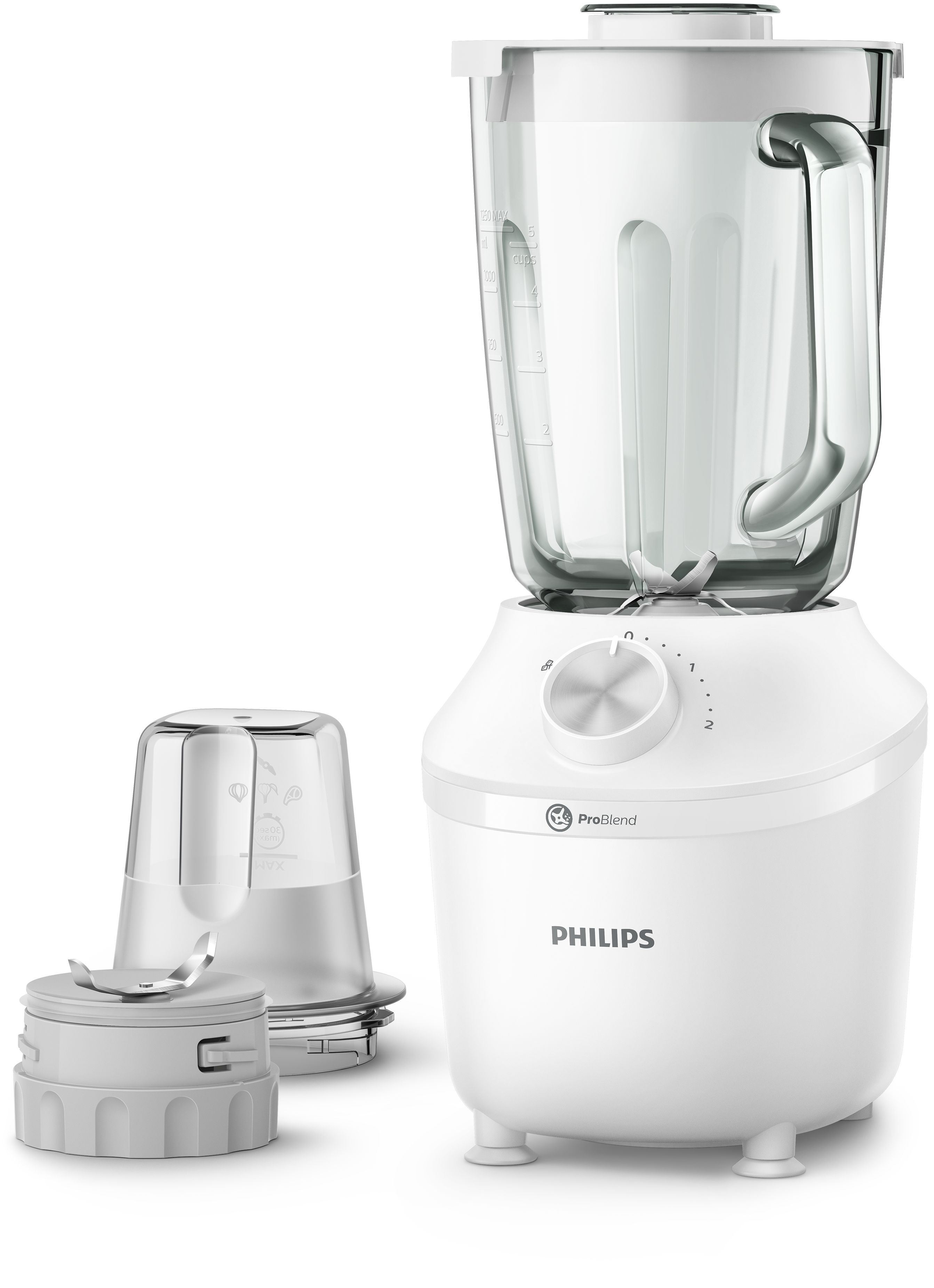 Frullatore Philips ProBlend bianco con due parti aggiuntive, isolato su bianco.