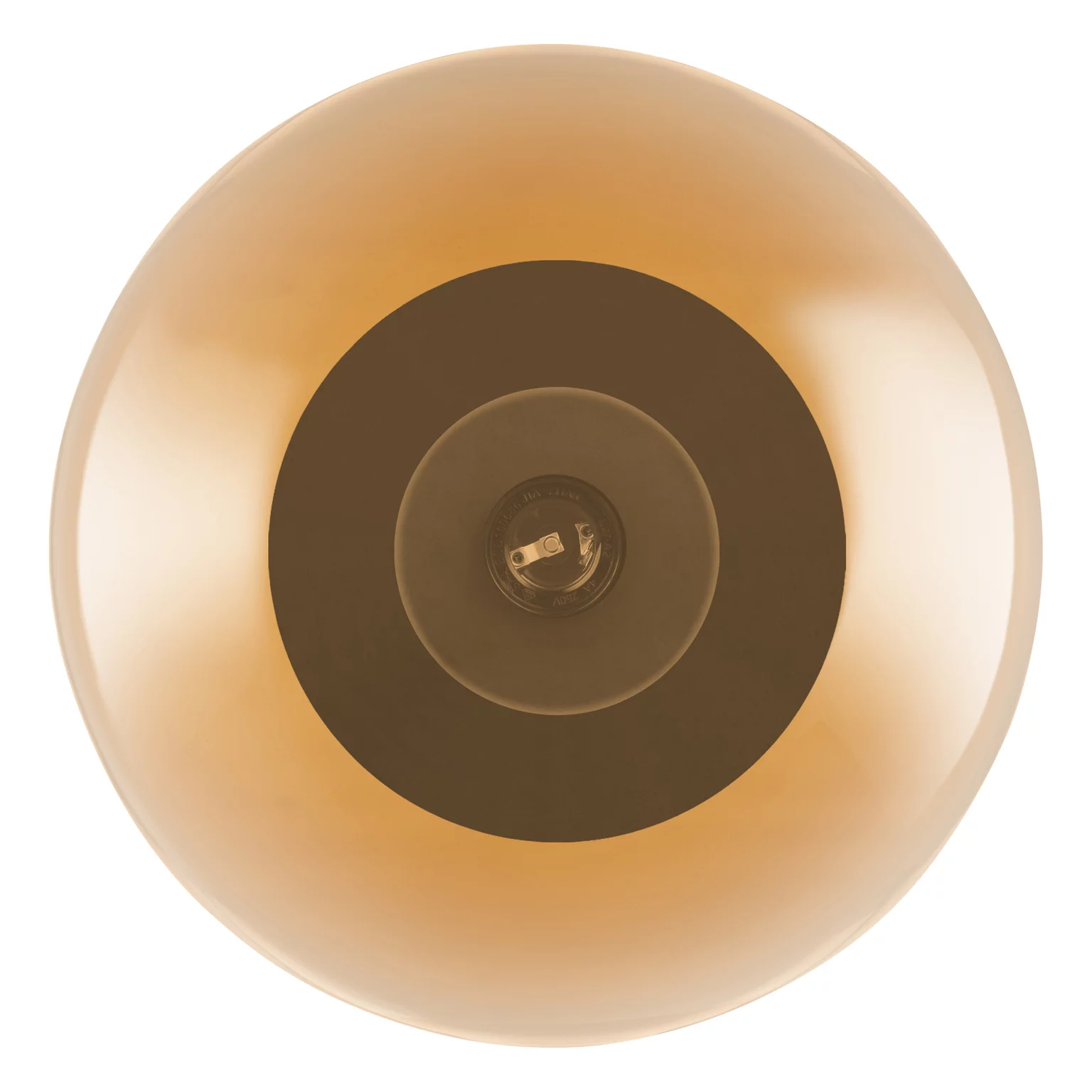 Lampe von oben, mit kreisförmigem bernsteinfarbenem Glas und einer Glühbirne im Inneren.