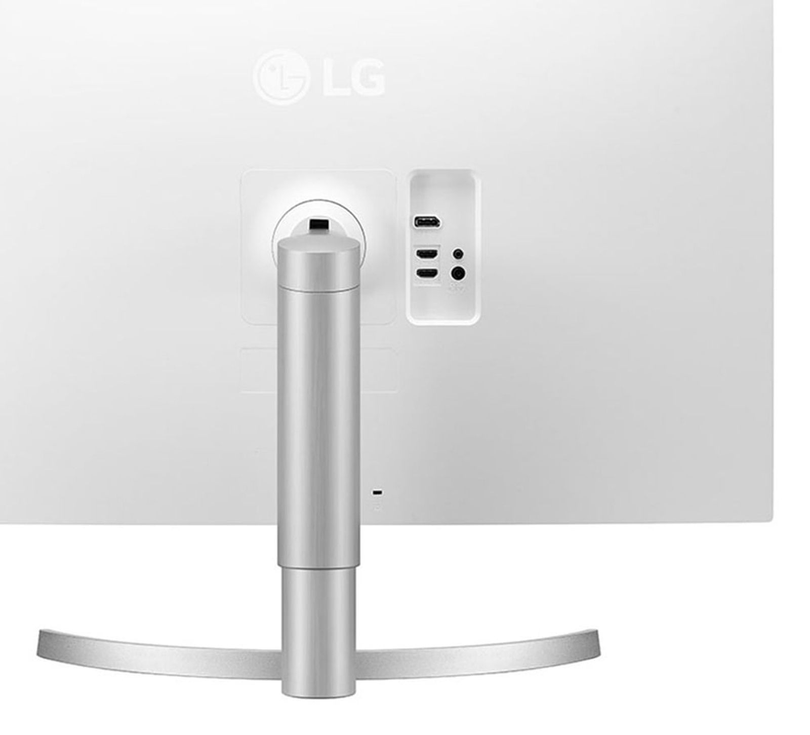 Tył białego monitora LG ze srebrną podstawą. Z tyłu znajdują się porty i logo LG.