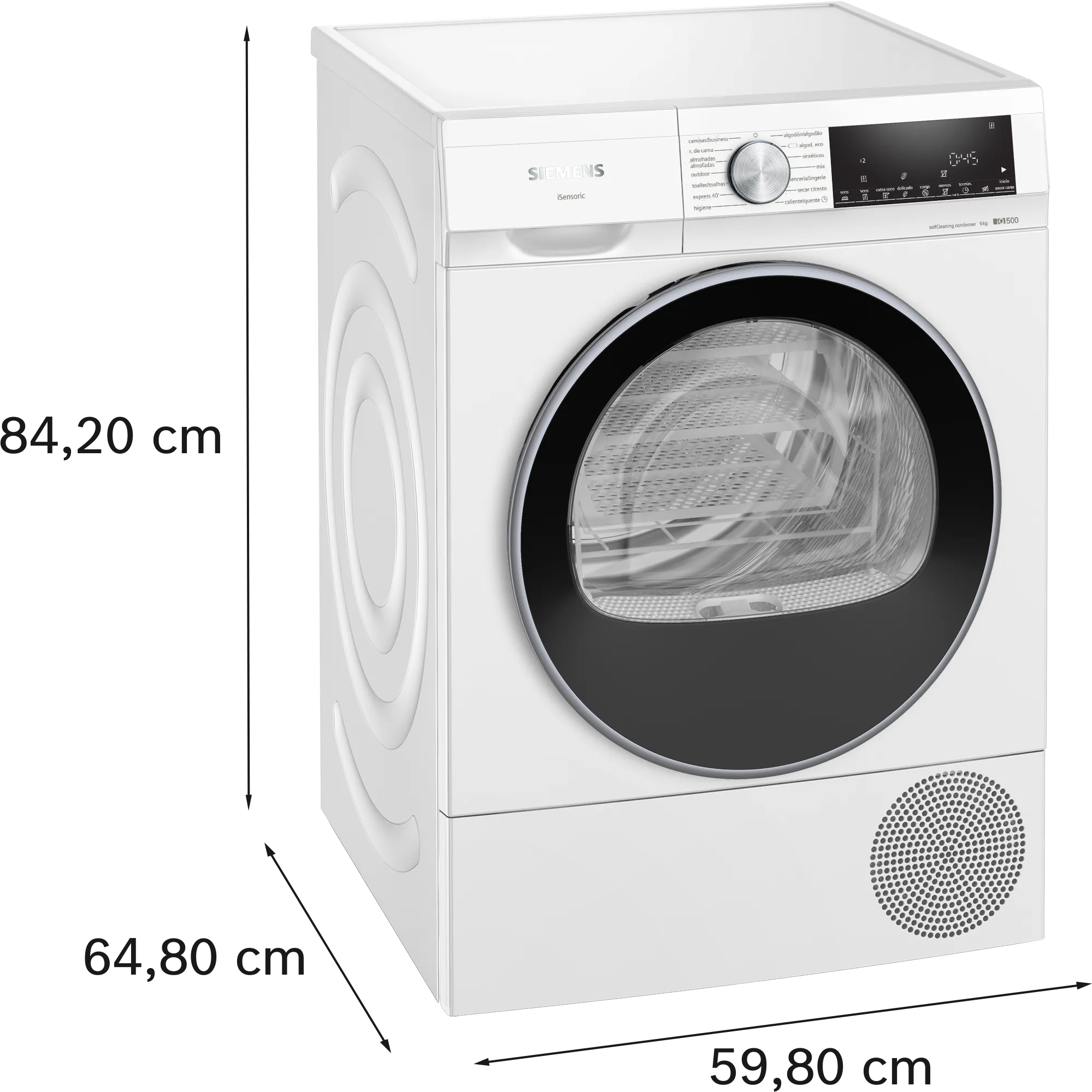 Witte Siemens droger met zwarte deur. Afmetingen zijn 84,2 cm, 64,8 cm en 59,8 cm.