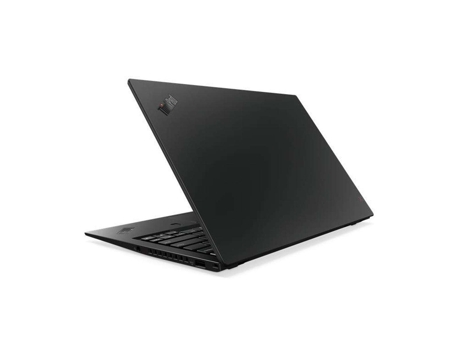 Schwarzer Laptop, Rückansicht, leicht geöffnet vor weißem Hintergrund.