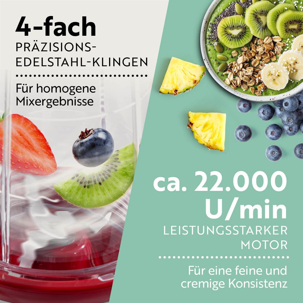 Nahaufnahme von Früchten und Zutaten in einem Mixer, der die Zubereitung eines gemischten Smoothies zeigt.