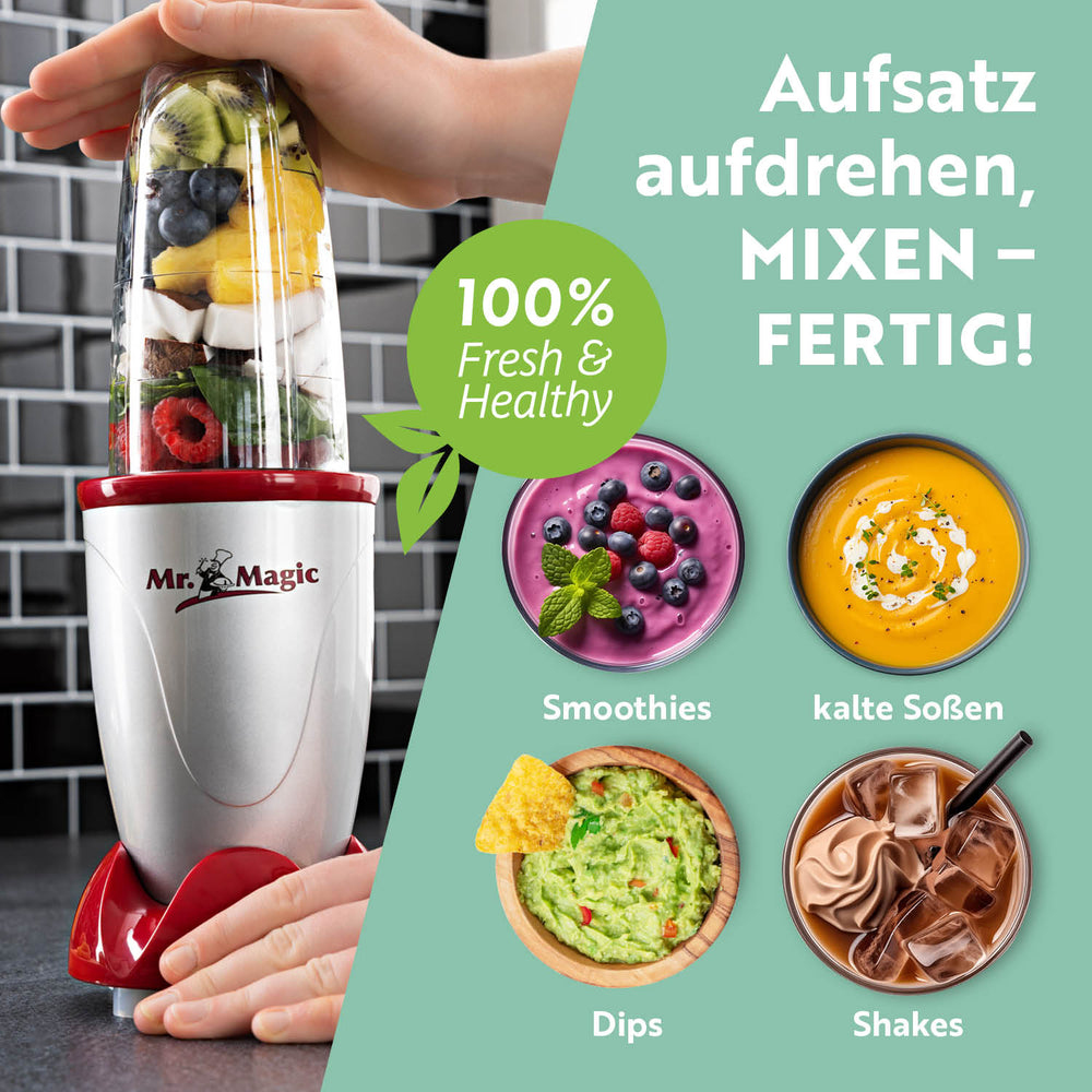 Ein Mixer mit verschiedenen Zutaten und fertigen Smoothies, Dips und Shakes.