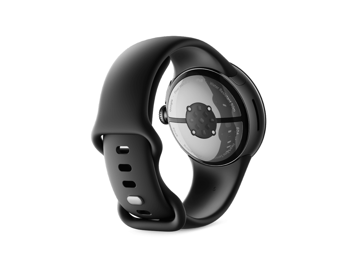 Reloj Pixel negro. Vista trasera, mostrando la correa, el sensor y la esfera.