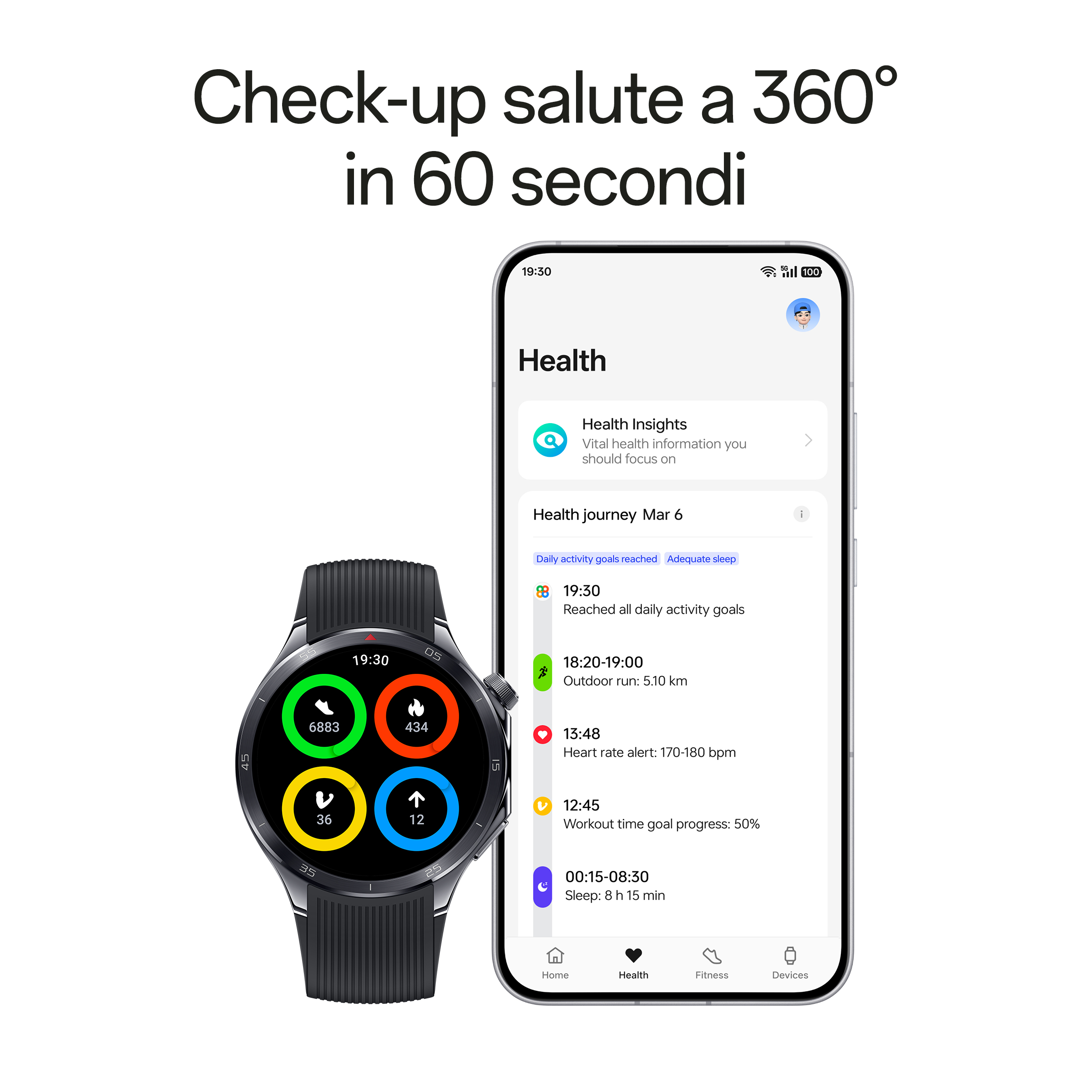 Uno smartwatch che mostra le metriche di salute. Uno smartphone mostra informazioni sulla salute in un'app correlata.