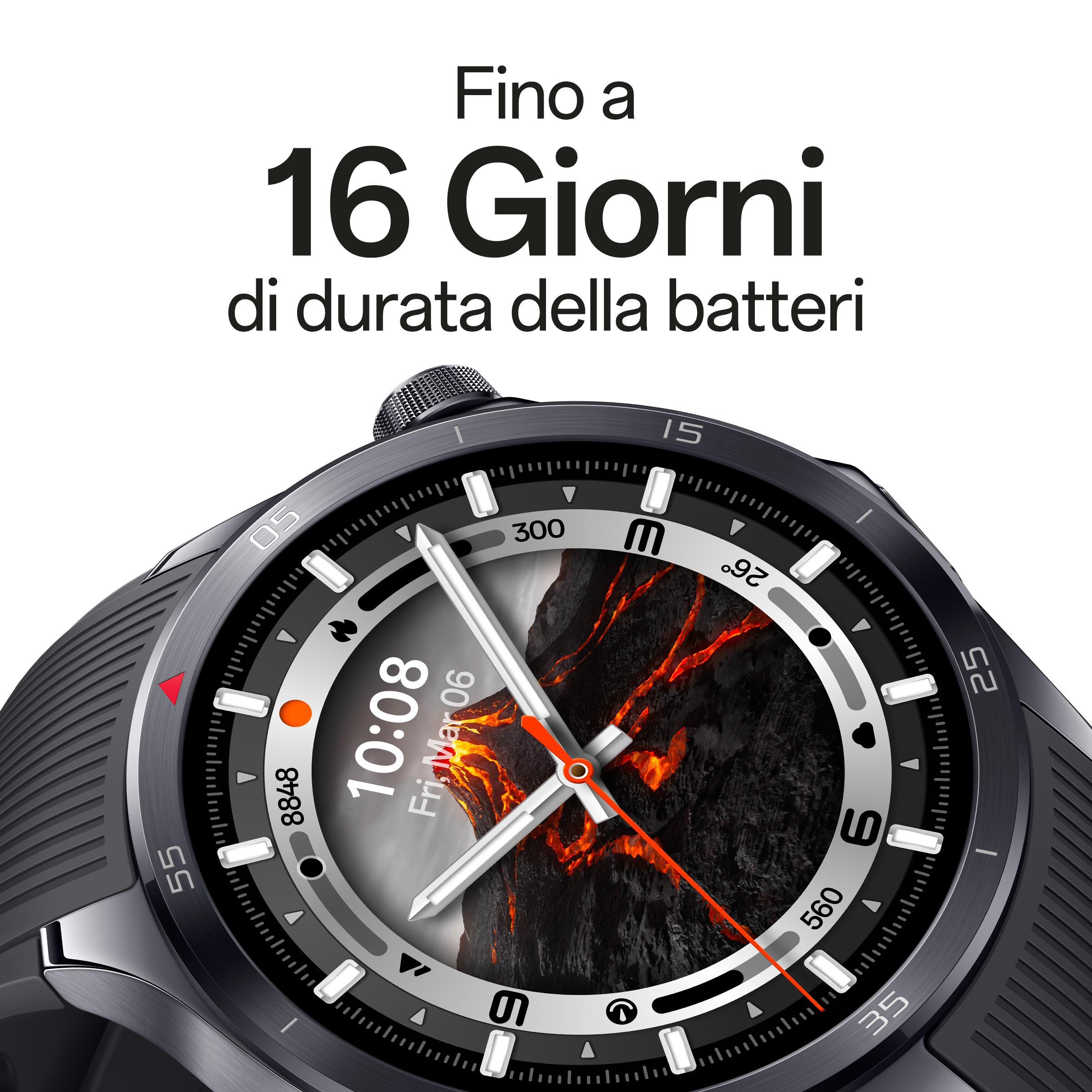 Primo piano di uno smartwatch nero con display digitale che mostra l'ora e un design a lava.