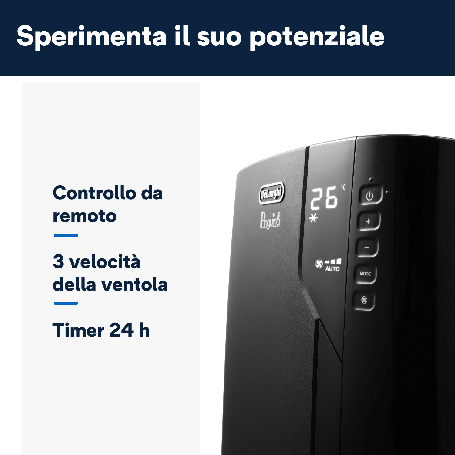 Pannello di controllo del condizionatore nero. Testo: Telecomando, 3 velocità ventola, timer 24h.