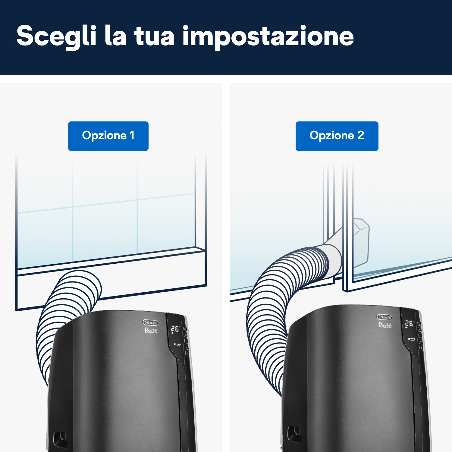 Due opzioni di installazione per un'unità AC; una con una finestra.