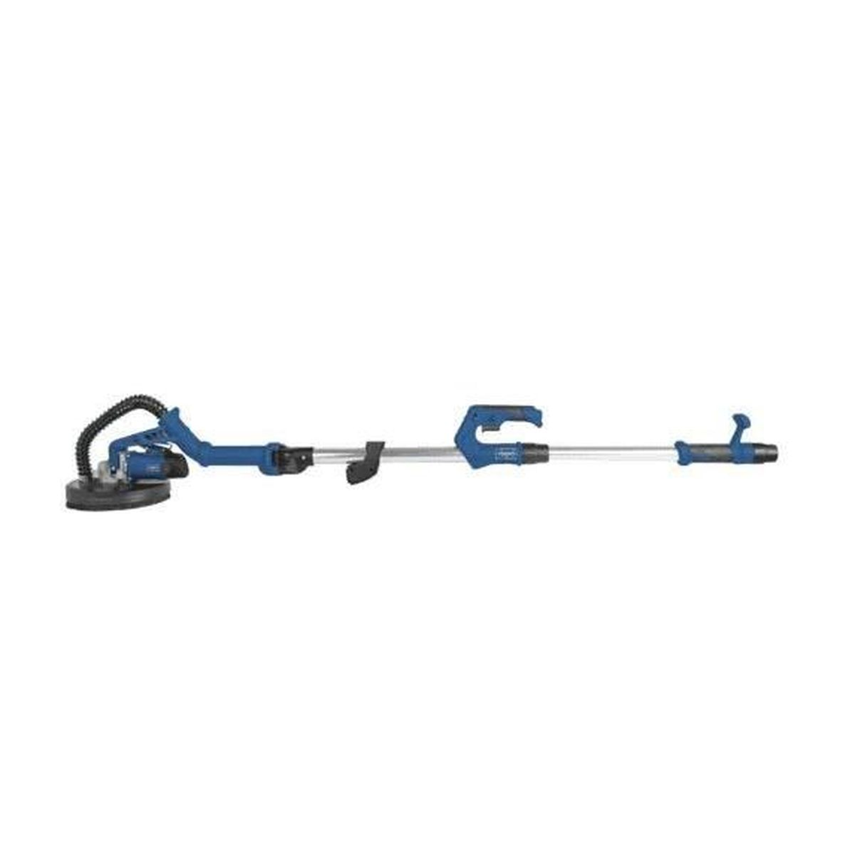 Un utensile elettrico lungo, blu e nero con un disco abrasivo e un'impugnatura.