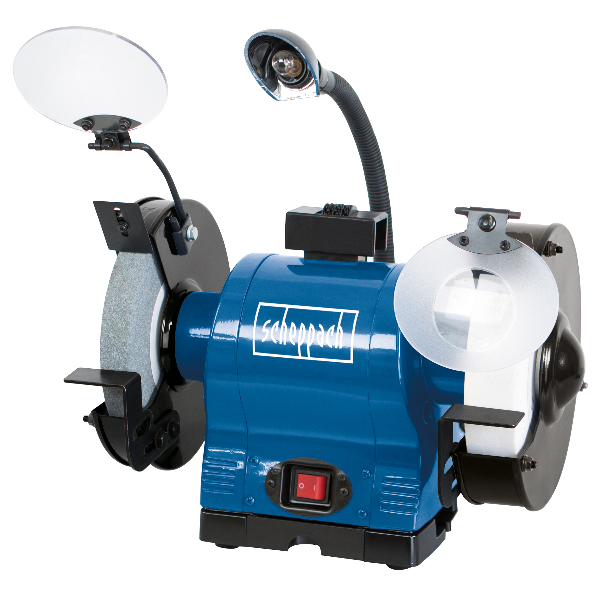 Smerigliatrice Scheppach blu con due mole. Ha una lampada e un interruttore.