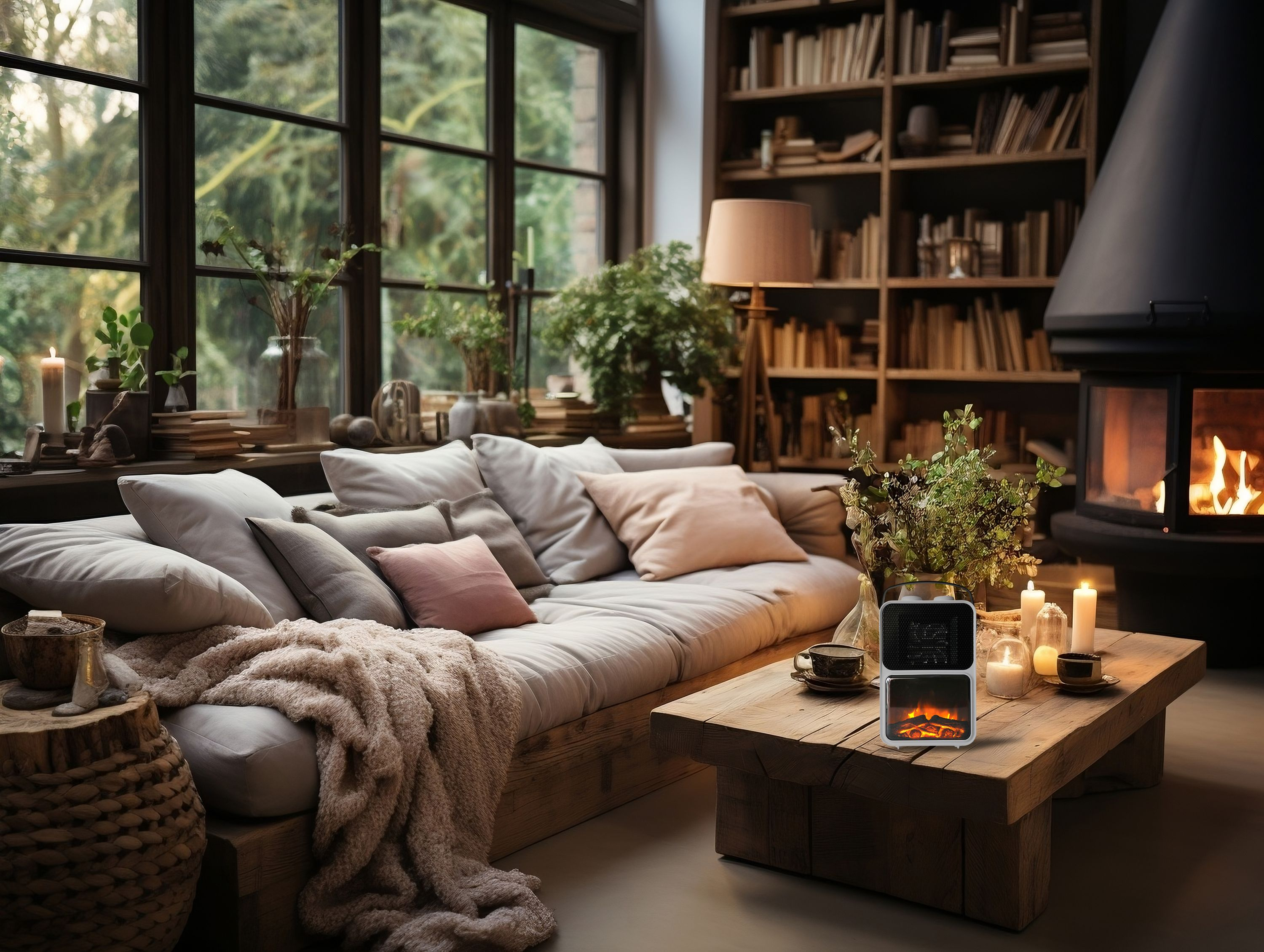 Gemütliches Wohnzimmer mit Kamin, Sofa, Büchern und Kerzen.