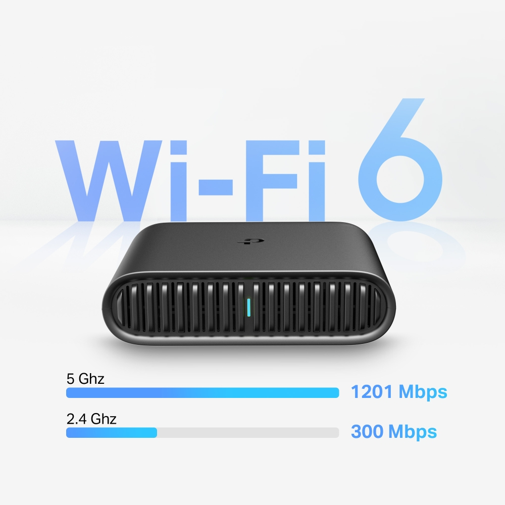 Czarny router Wi-Fi 6 z niebieskim tekstem Wi-Fi 6 i paskami danych.