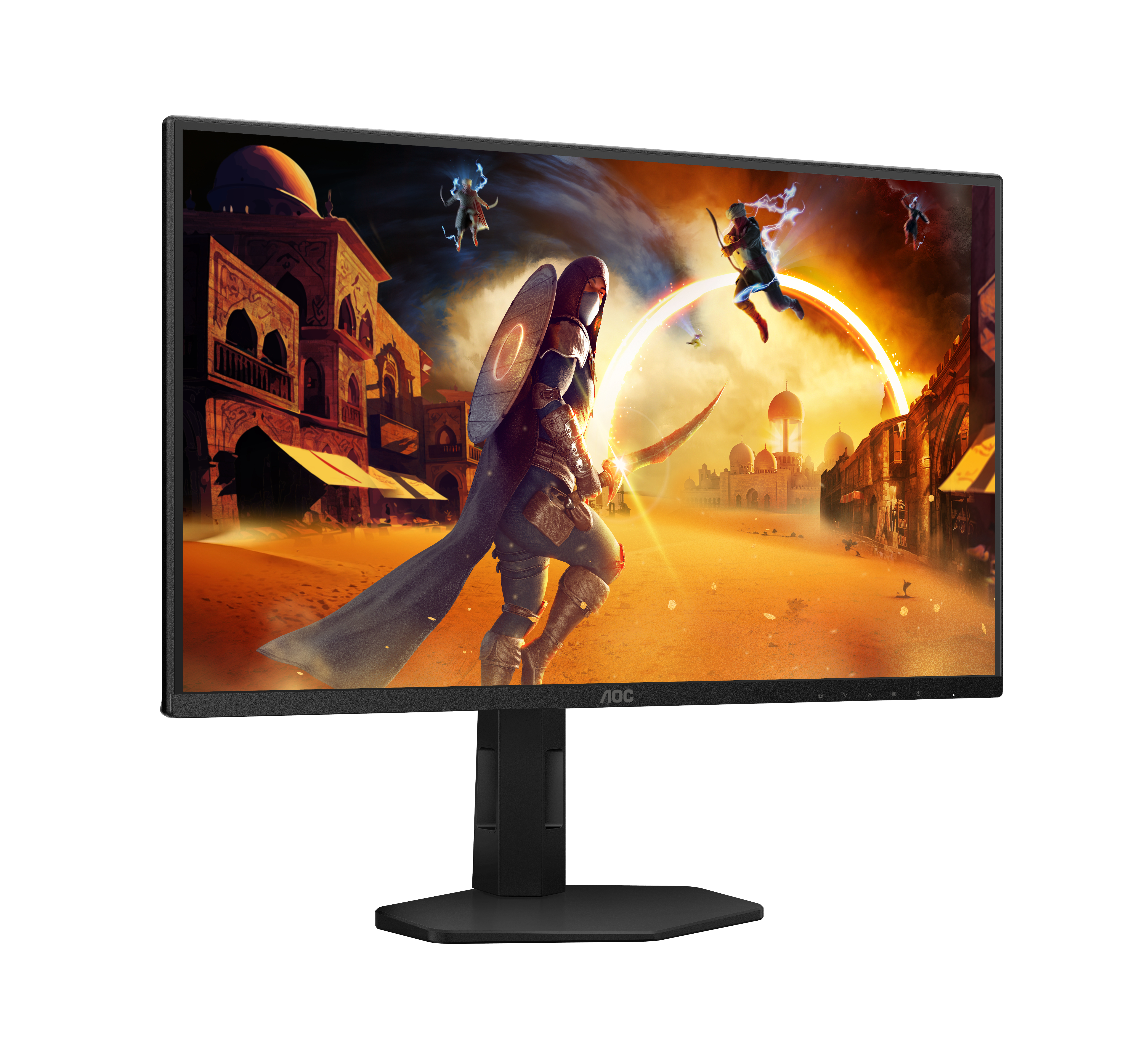 Monitor gaming AOC wyświetlający fantastyczną scenę z wojownikiem i postaciami.