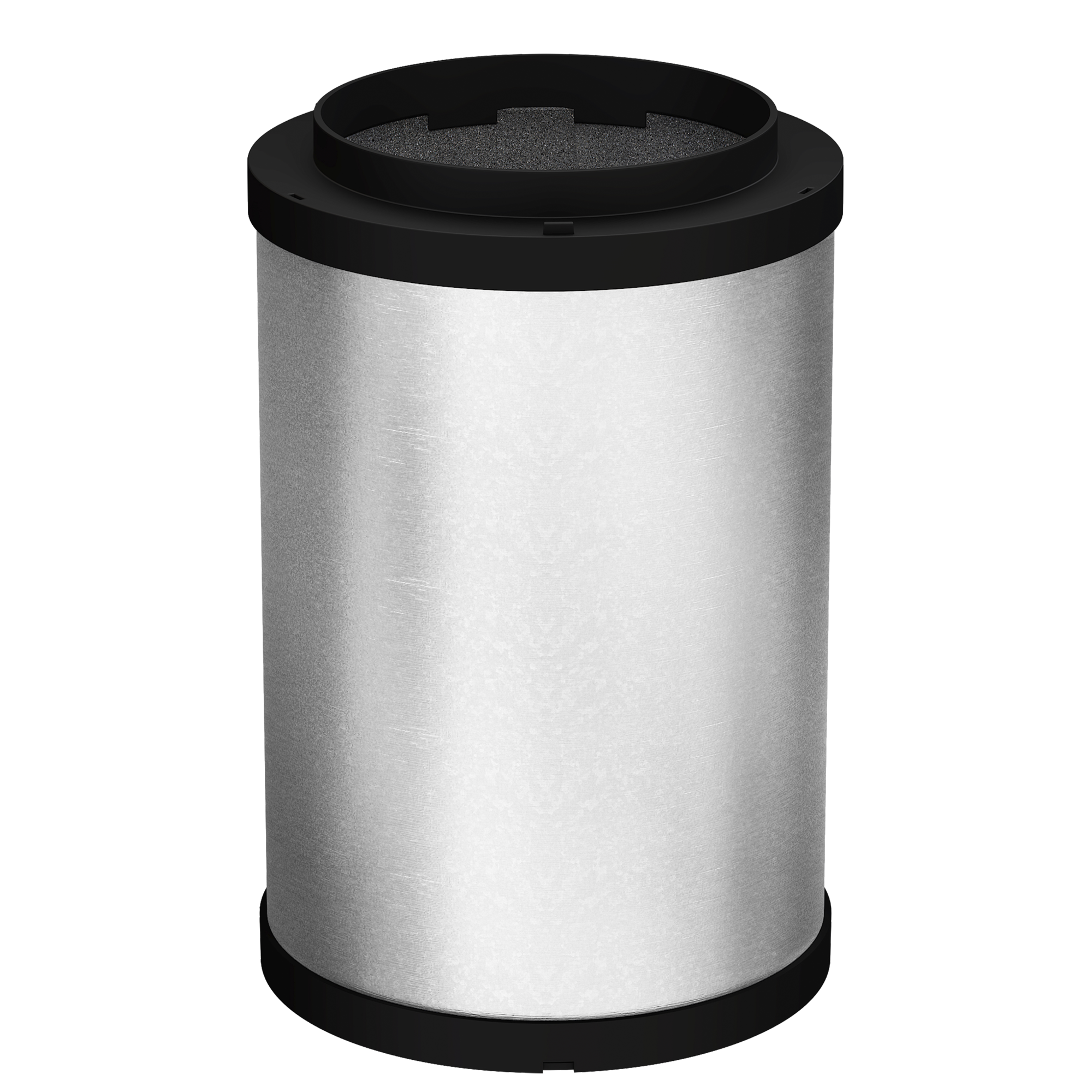 Cylindryczny filtr powietrza ze srebrnym korpusem i czarnymi górą i dołem.