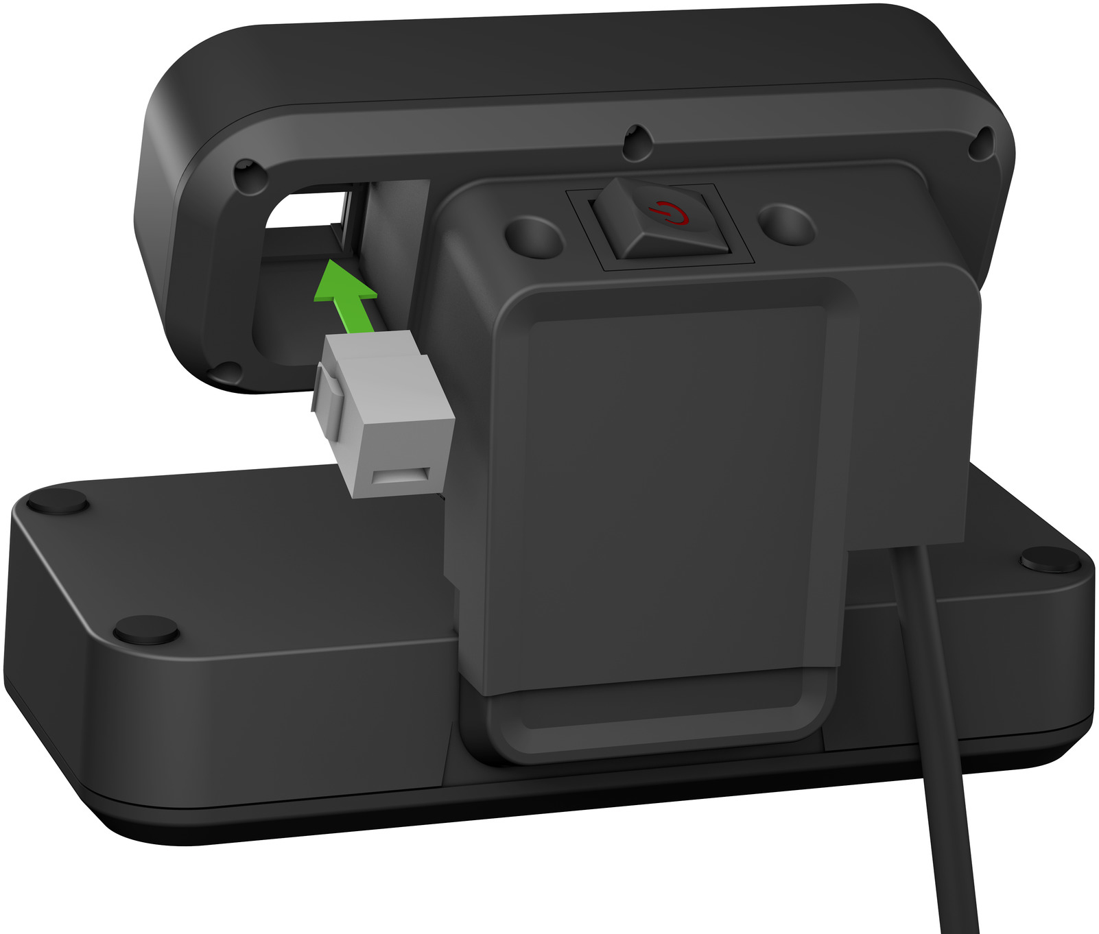 Czarne urządzenie z białym złączem wkładanym z boku, czarne tło.