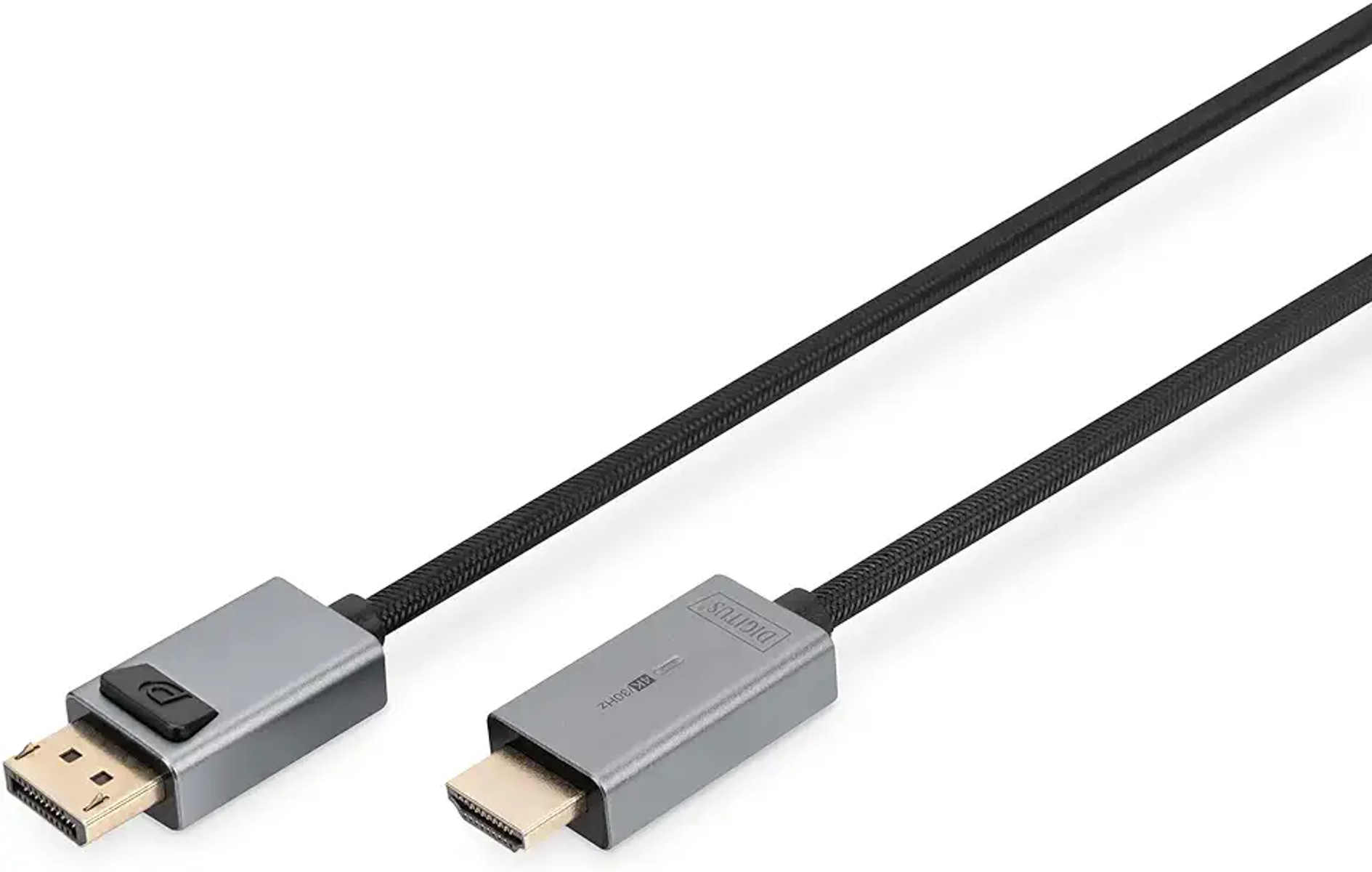 Cavo DisplayPort a HDMI, connettori grigi con cavo nero.
