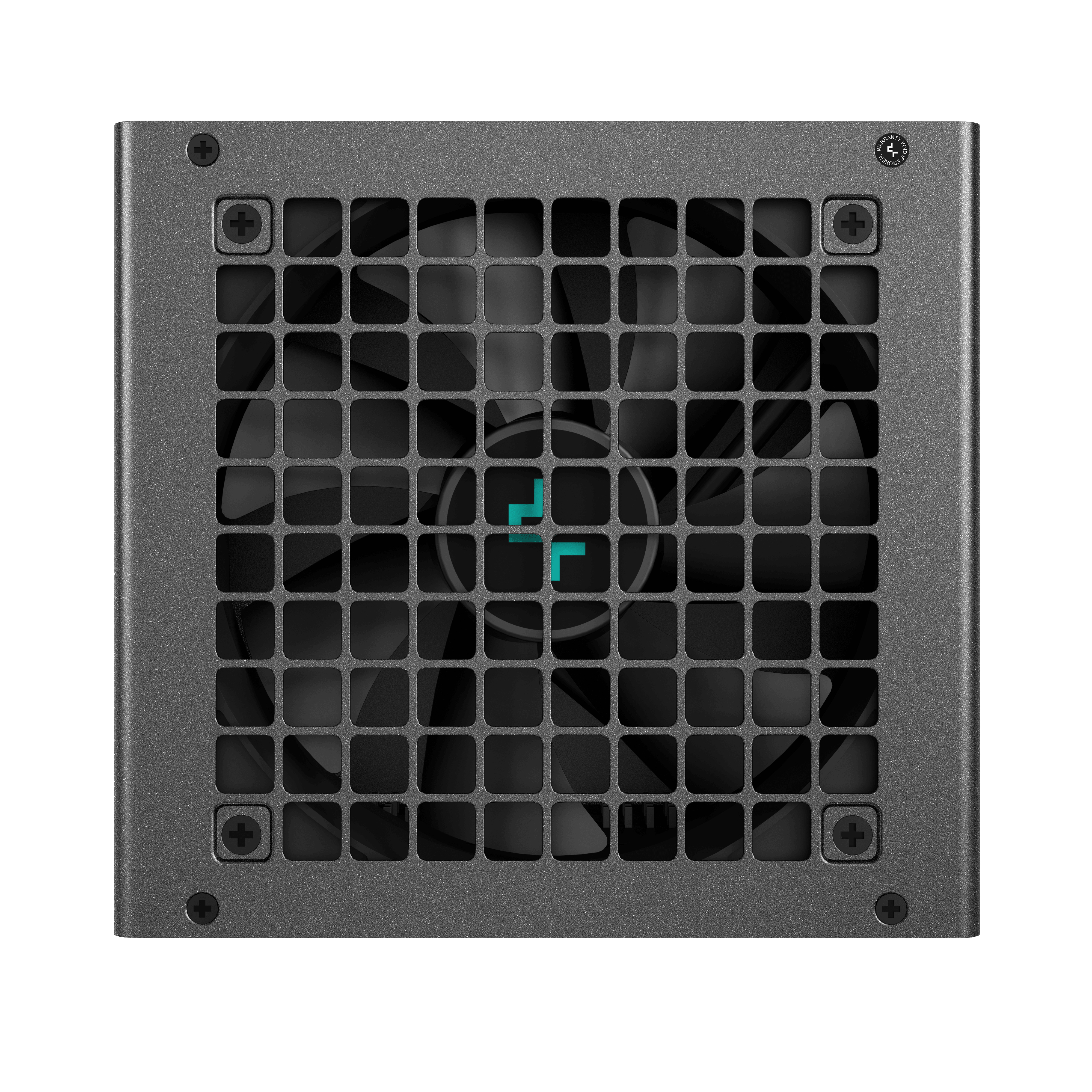 Czarny zasilacz Deepcool, widok z góry, z wentylatorem w kratkę i logo.