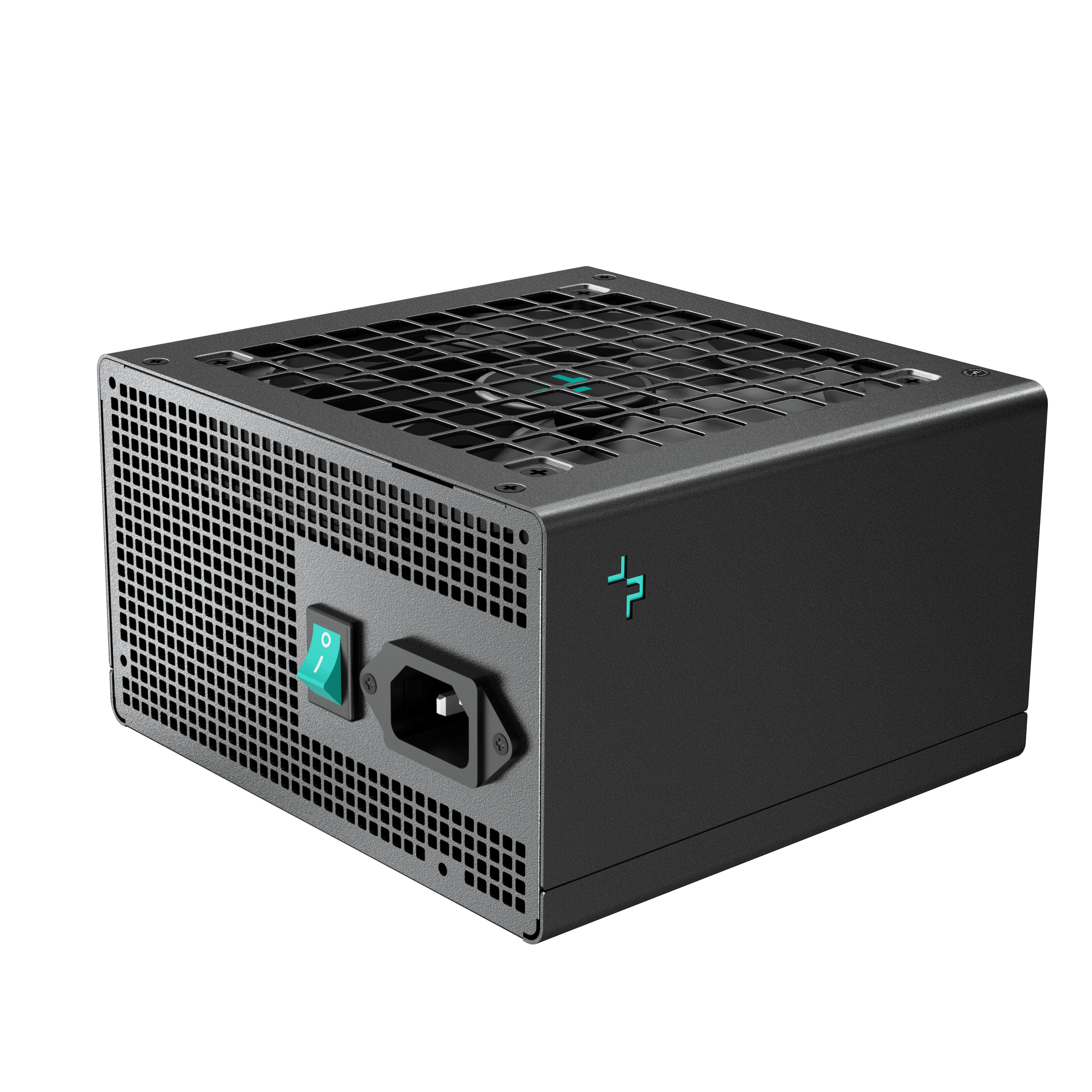 Czarny zasilacz Deepcool z zielonym przyciskiem zasilania i kratownicą na górze.