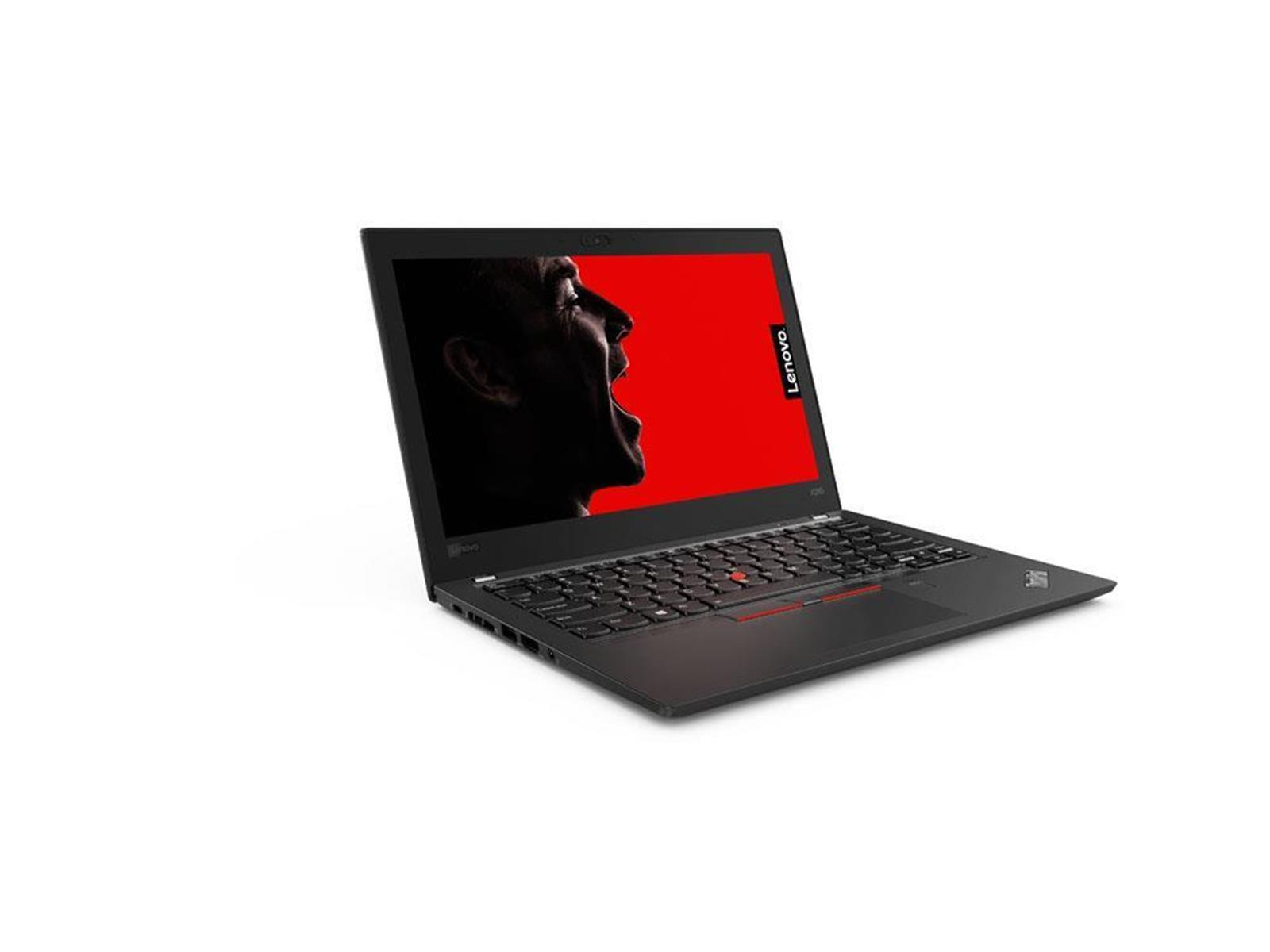 Ein schwarzer Lenovo-Laptop zeigt ein Bild eines schreienden Mannes auf rotem Hintergrund.