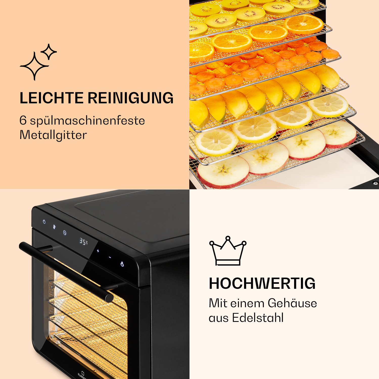 Dörrgerät mit getrockneten Früchten und Gemüse auf Tabletts.